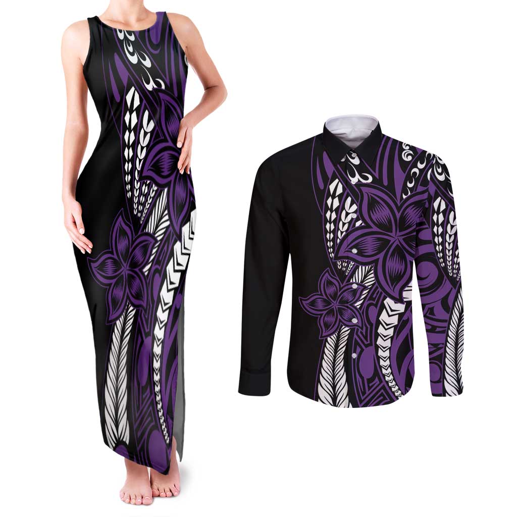 Polynesian Plumeria Floral Tattoo Pattern Couples Matching Tank Maxi Dress and Long Sleeve Button Shirt Purple Style