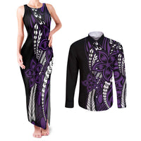 Polynesian Plumeria Floral Tattoo Pattern Couples Matching Tank Maxi Dress and Long Sleeve Button Shirt Purple Style
