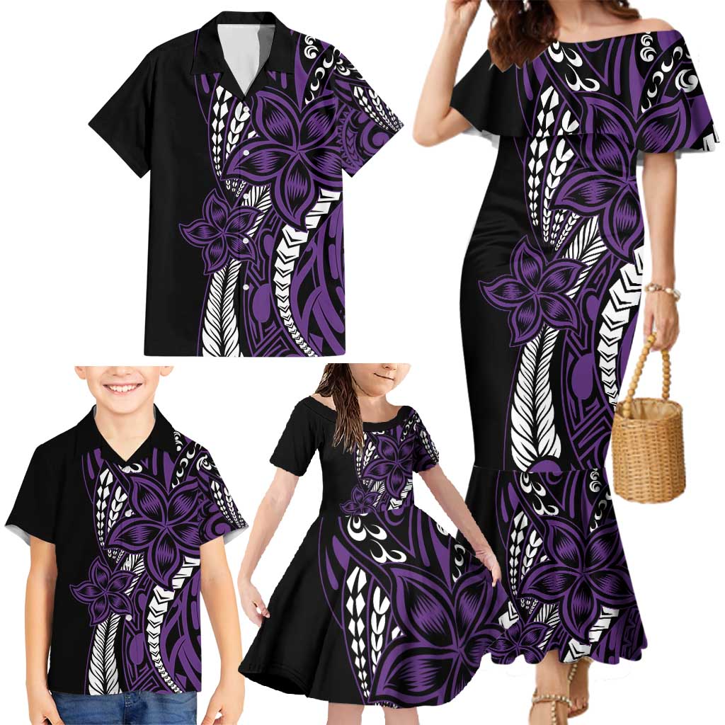 Polynesian Plumeria Floral Tattoo Pattern Family Matching Mermaid Dress and Hawaiian Shirt Purple Style
