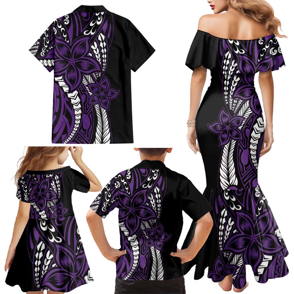 Polynesian Plumeria Floral Tattoo Pattern Family Matching Mermaid Dress and Hawaiian Shirt Purple Style