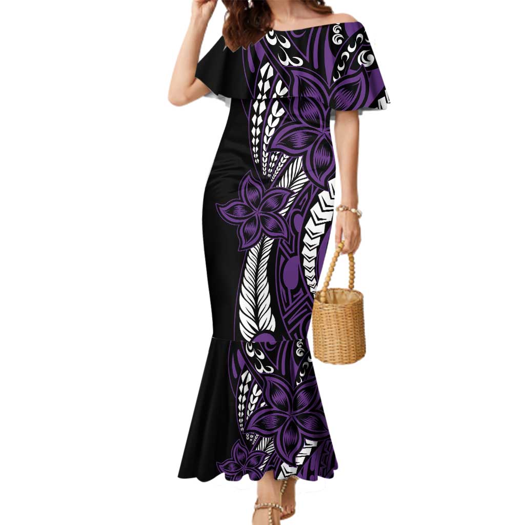 Polynesian Plumeria Floral Tattoo Pattern Family Matching Mermaid Dress and Hawaiian Shirt Purple Style