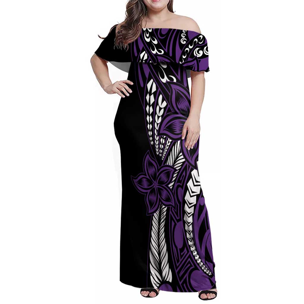 Polynesian Plumeria Floral Tattoo Pattern Family Matching Off Shoulder Maxi Dress and Hawaiian Shirt Purple Style