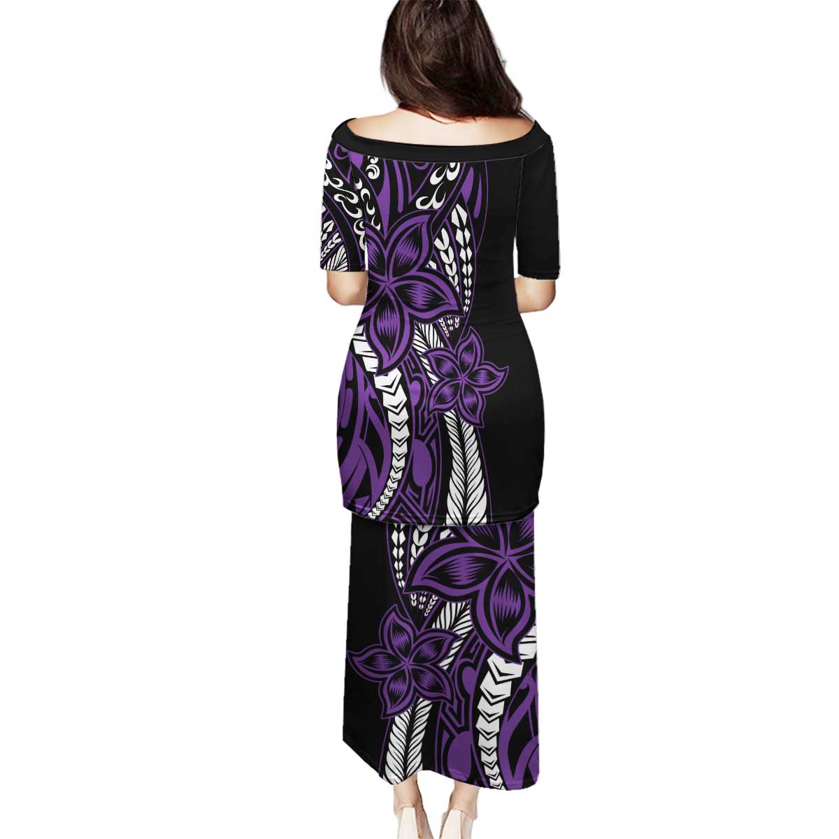 Polynesian Plumeria Floral Tattoo Pattern Family Matching Puletasi and Hawaiian Shirt Purple Style