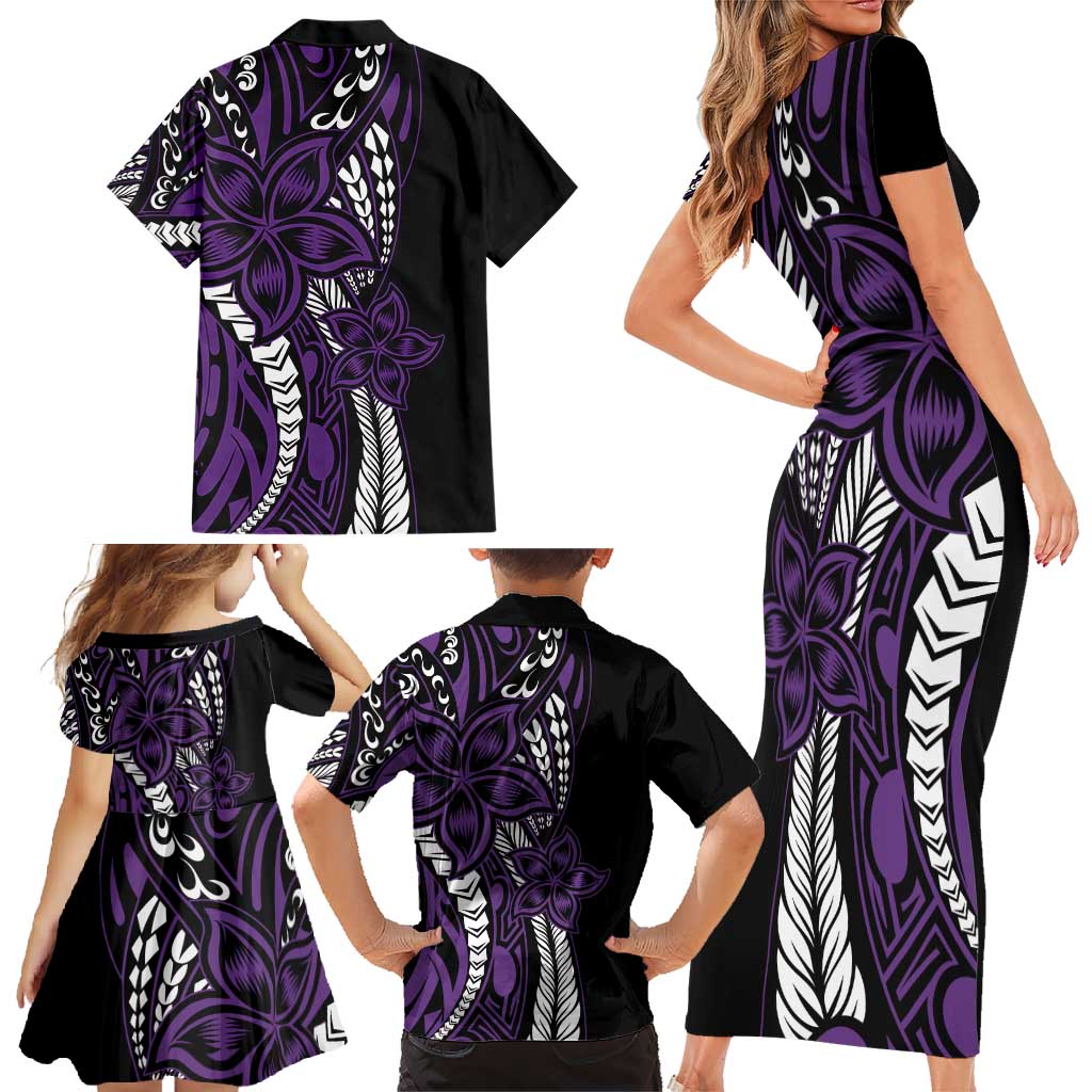 Polynesian Plumeria Floral Tattoo Pattern Family Matching Short Sleeve Bodycon Dress and Hawaiian Shirt Purple Style