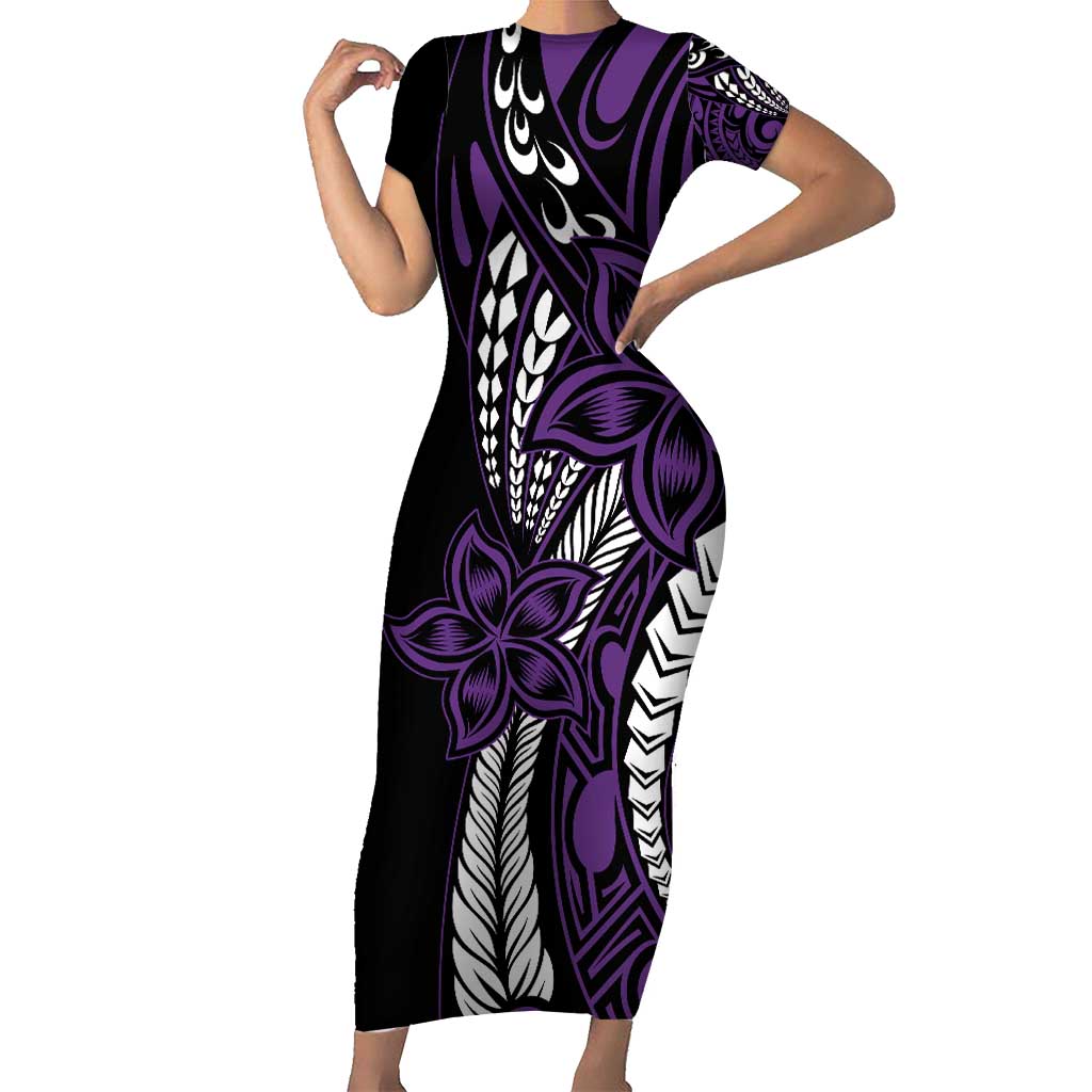 Polynesian Plumeria Floral Tattoo Pattern Family Matching Short Sleeve Bodycon Dress and Hawaiian Shirt Purple Style