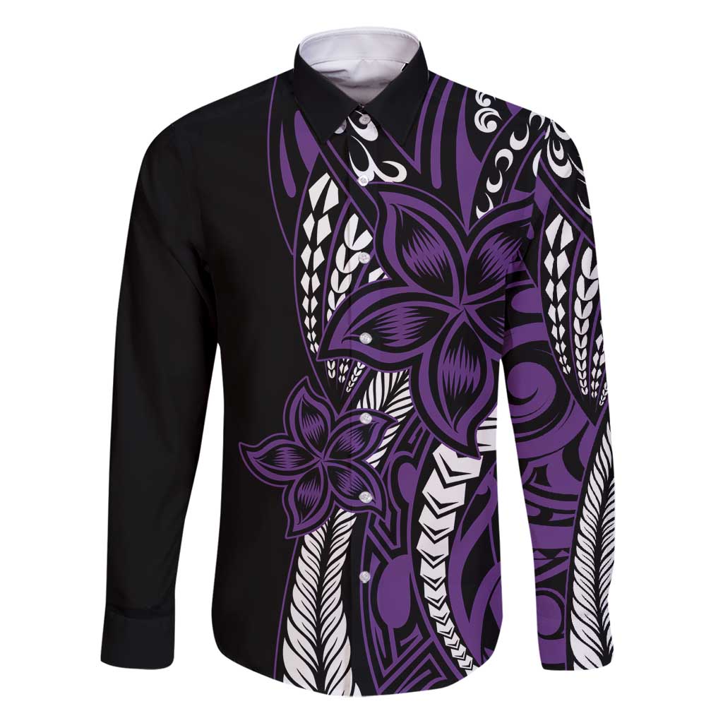 Polynesian Plumeria Floral Tattoo Pattern Family Matching Tank Maxi Dress and Hawaiian Shirt Purple Style