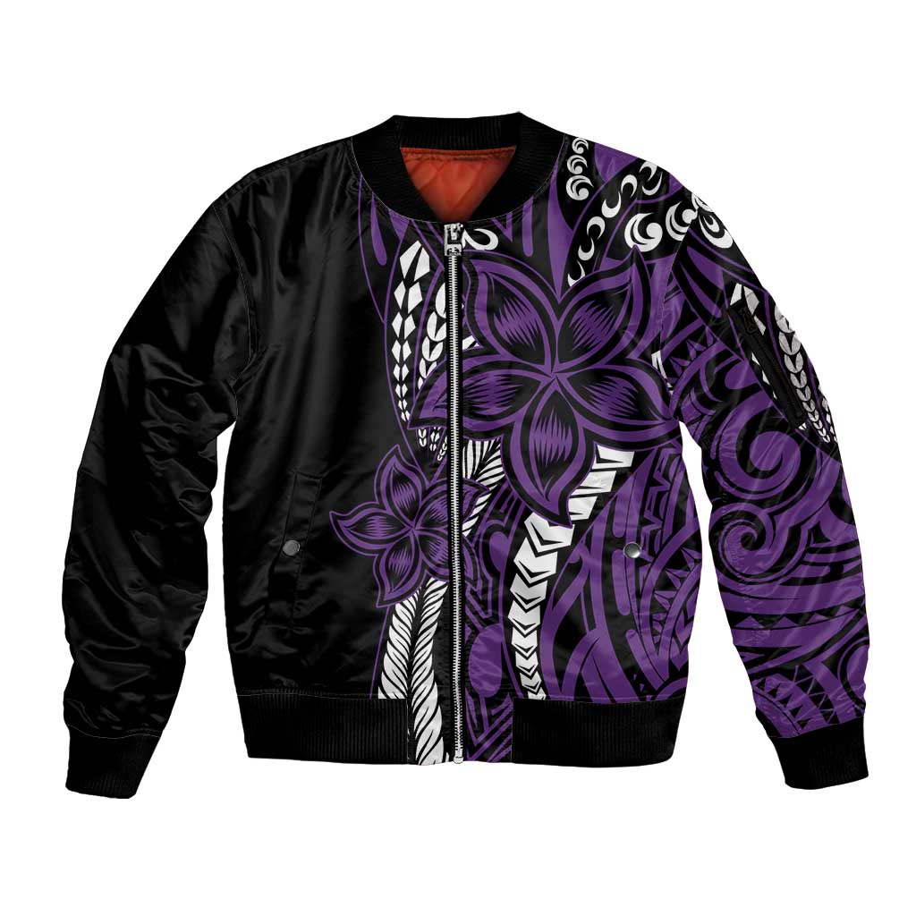Polynesian Plumeria Floral Tattoo Pattern Sleeve Zip Bomber Jacket Purple Style