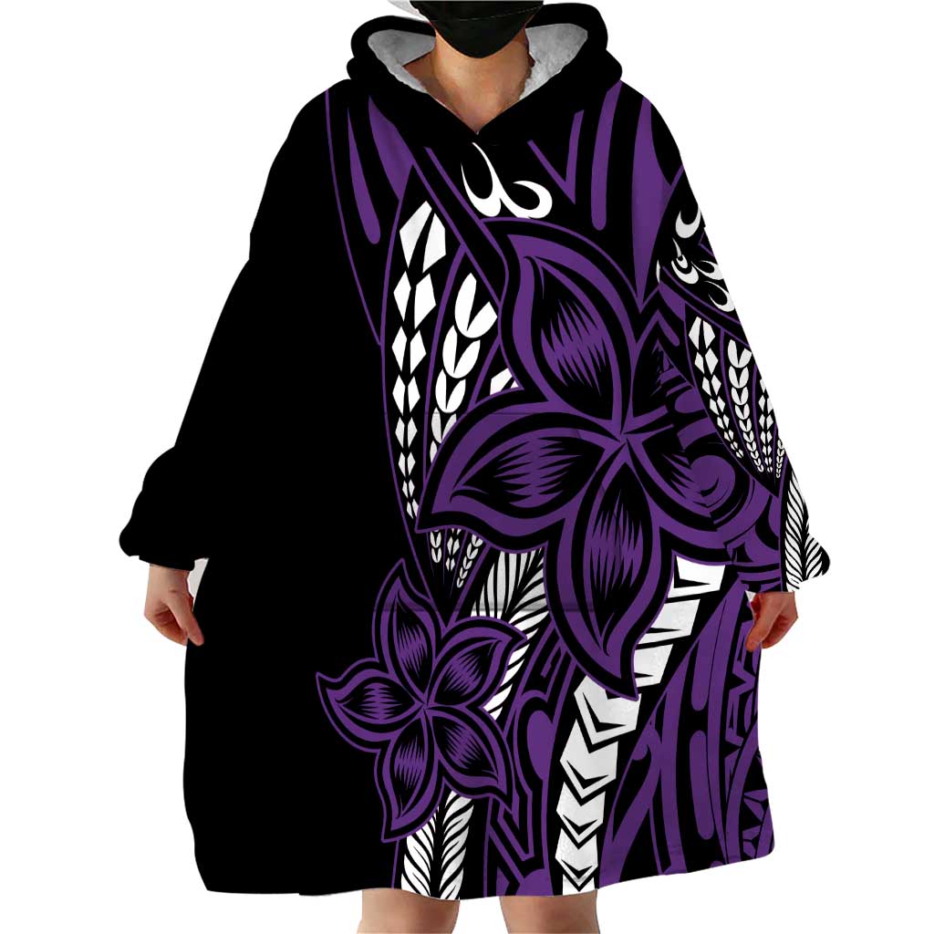Polynesian Plumeria Floral Tattoo Pattern Wearable Blanket Hoodie Purple Style
