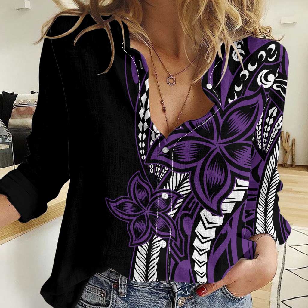 Polynesian Plumeria Floral Tattoo Pattern Women Casual Shirt Purple Style