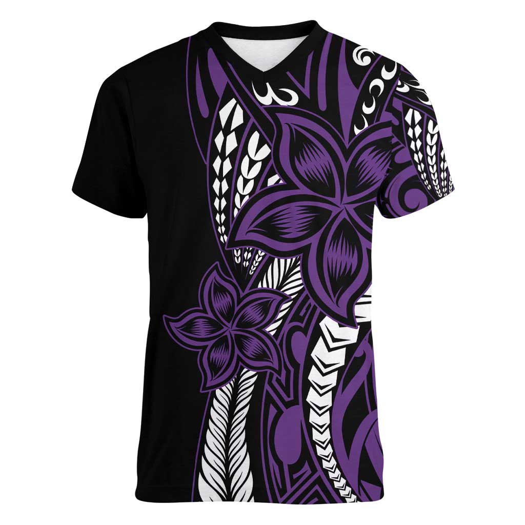Polynesian Plumeria Floral Tattoo Pattern Women V-Neck T-Shirt Purple Style LT9 Female Purple - Polynesian Pride