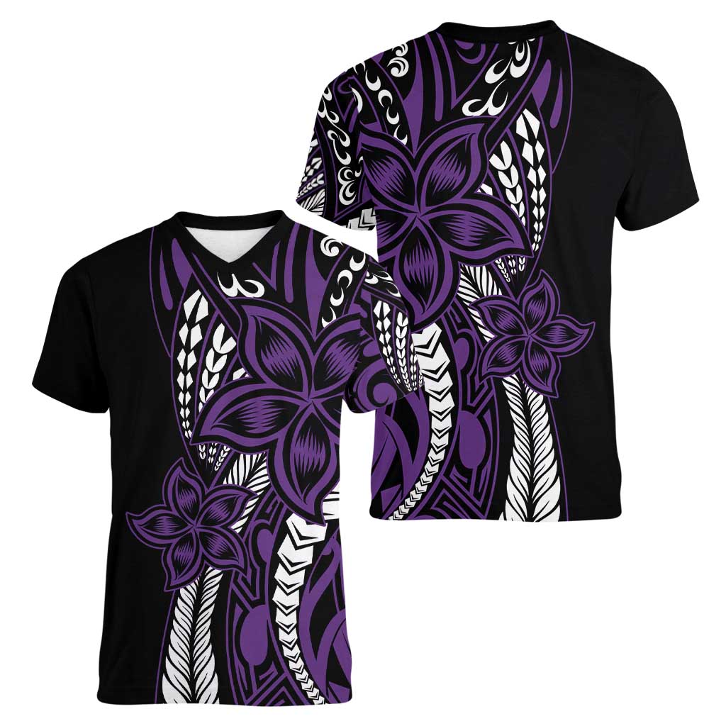 Polynesian Plumeria Floral Tattoo Pattern Women V-Neck T-Shirt Purple Style LT9 - Polynesian Pride