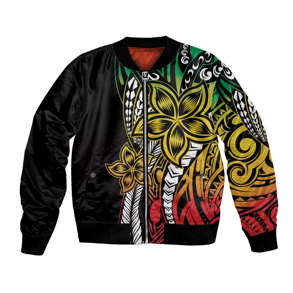 Polynesian Plumeria Floral Tattoo Pattern Bomber Jacket Reggae Style