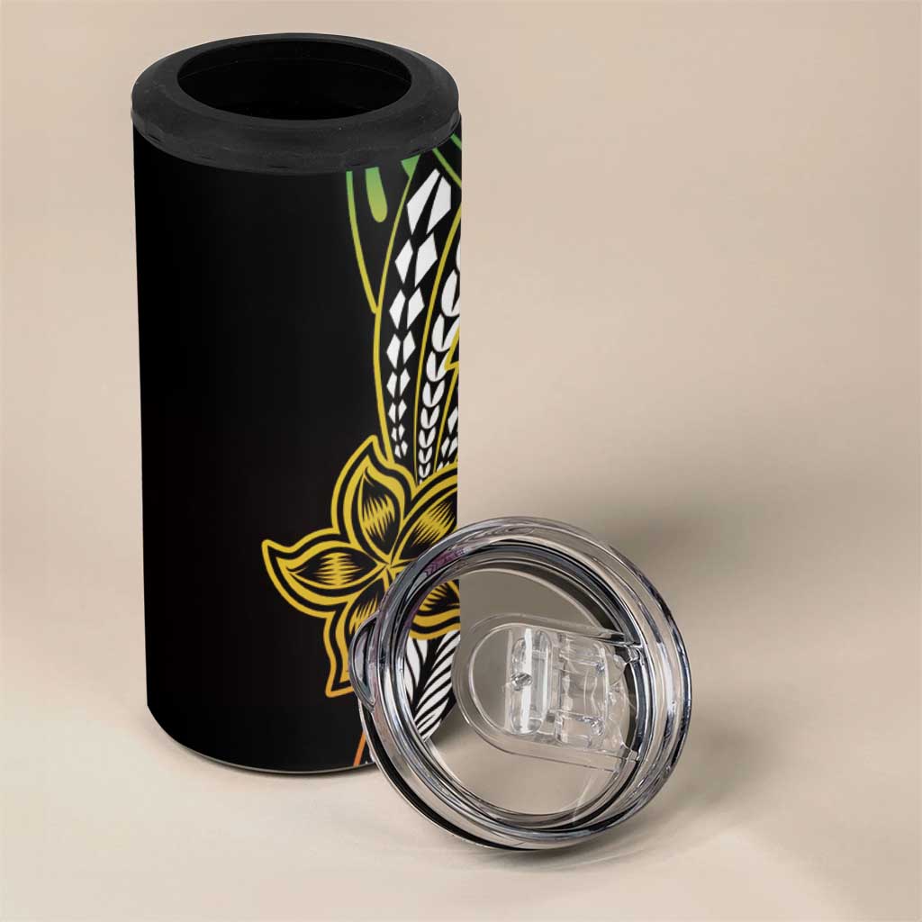 Polynesian Plumeria Floral Tattoo Pattern 4 in 1 Can Cooler Tumbler Reggae Style