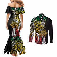 Polynesian Plumeria Floral Tattoo Pattern Couples Matching Mermaid Dress and Long Sleeve Button Shirt Reggae Style
