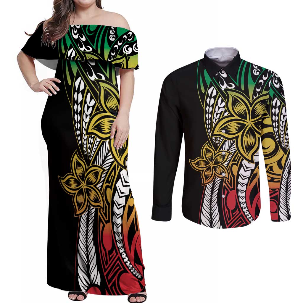 Polynesian Plumeria Floral Tattoo Pattern Couples Matching Off Shoulder Maxi Dress and Long Sleeve Button Shirt Reggae Style