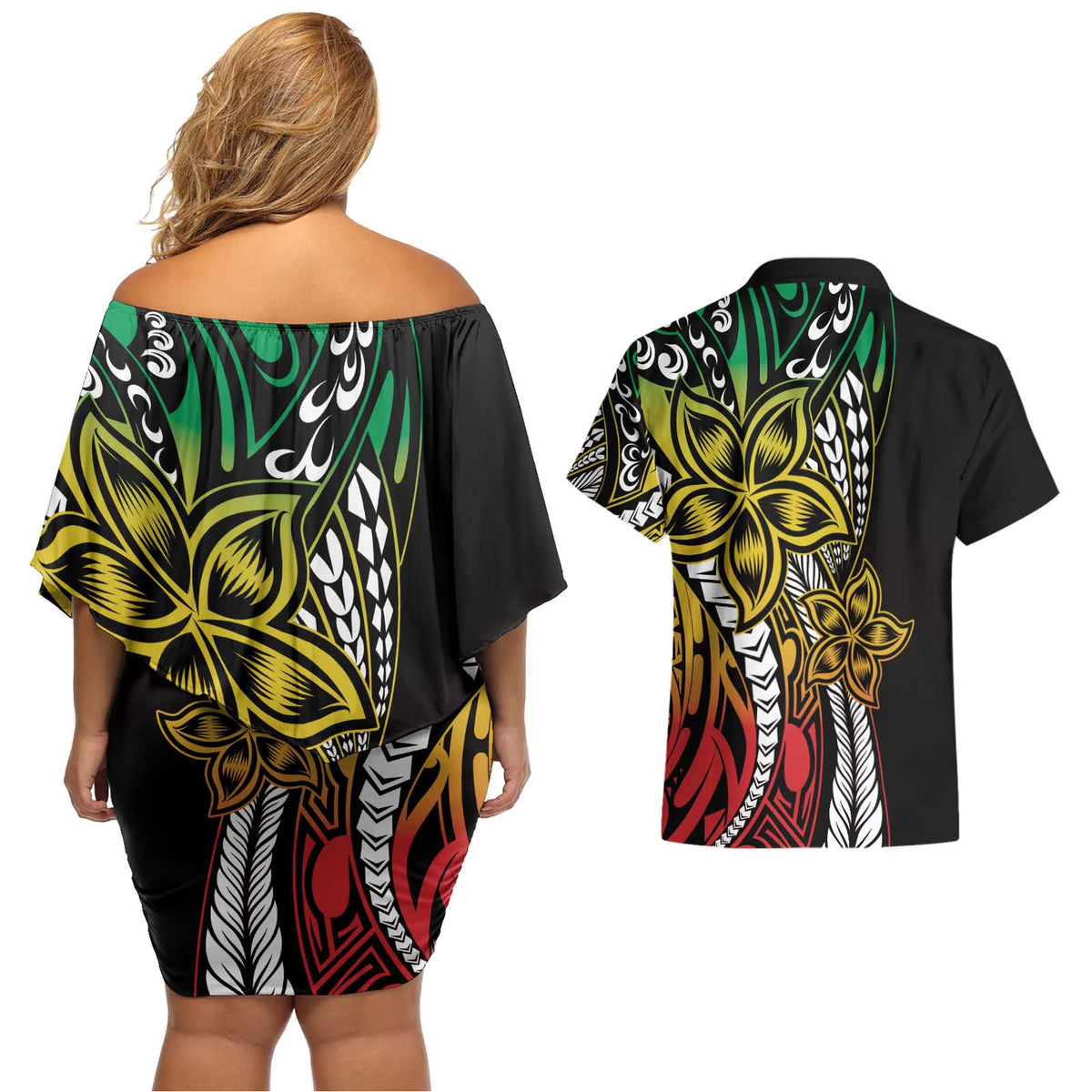 Polynesian Plumeria Floral Tattoo Pattern Couples Matching Off Shoulder Short Dress and Hawaiian Shirt Reggae Style