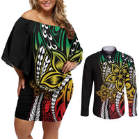 Polynesian Plumeria Floral Tattoo Pattern Couples Matching Off Shoulder Short Dress and Long Sleeve Button Shirt Reggae Style
