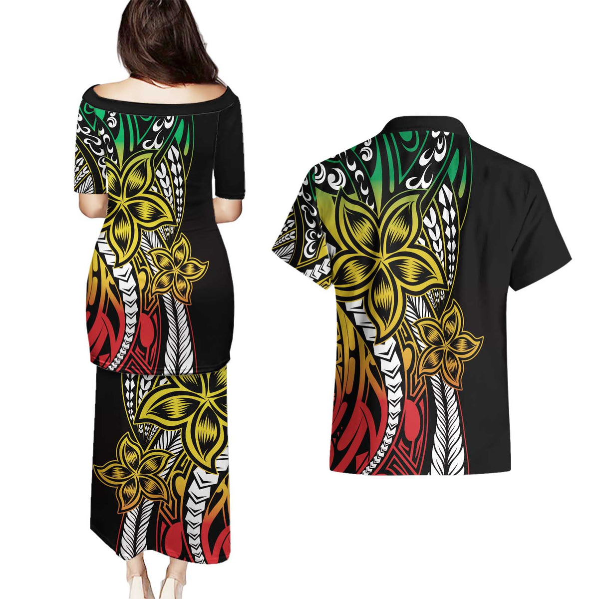 Polynesian Plumeria Floral Tattoo Pattern Couples Matching Puletasi and Hawaiian Shirt Reggae Style