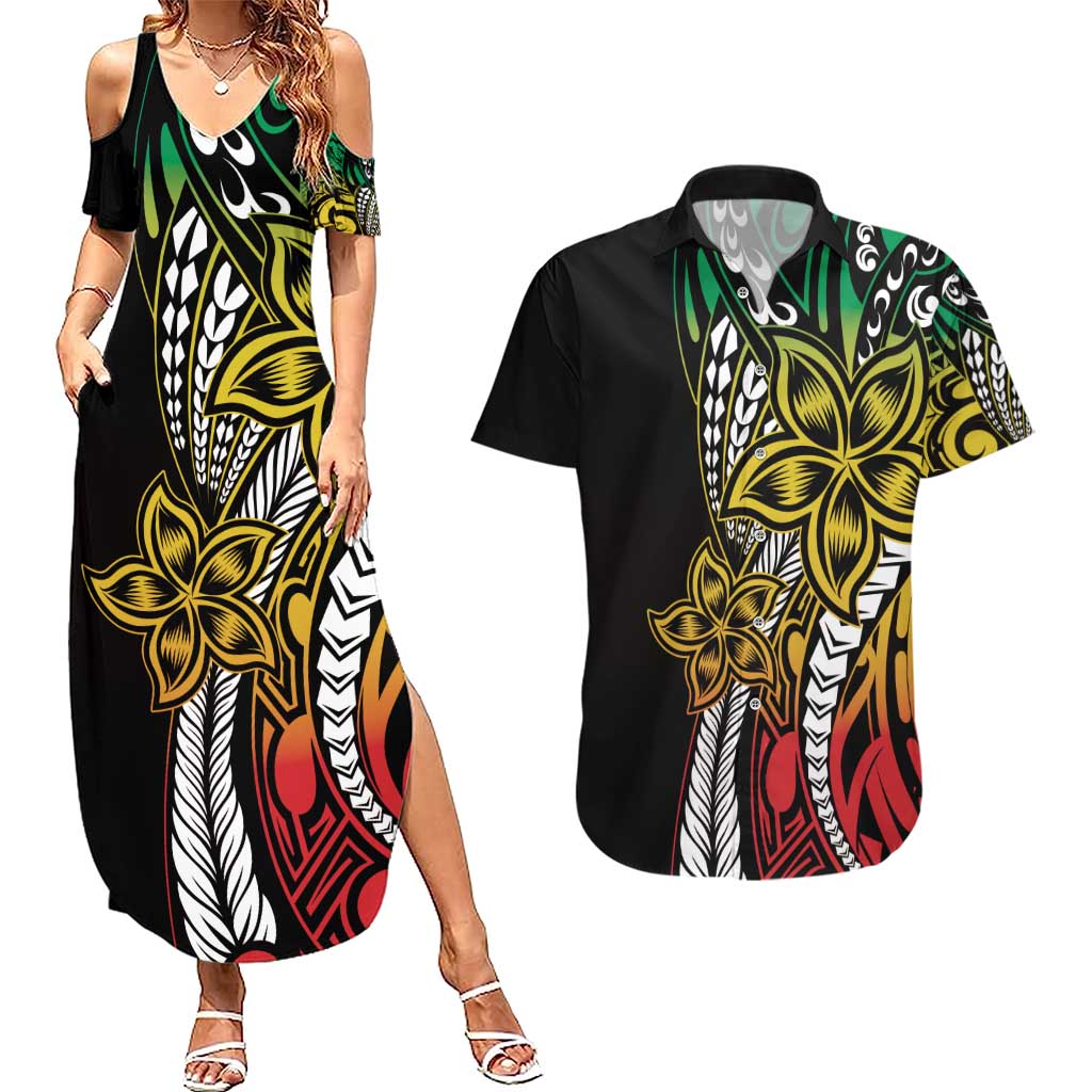 Polynesian Plumeria Floral Tattoo Pattern Couples Matching Summer Maxi Dress and Hawaiian Shirt Reggae Style