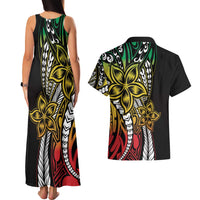 Polynesian Plumeria Floral Tattoo Pattern Couples Matching Tank Maxi Dress and Hawaiian Shirt Reggae Style