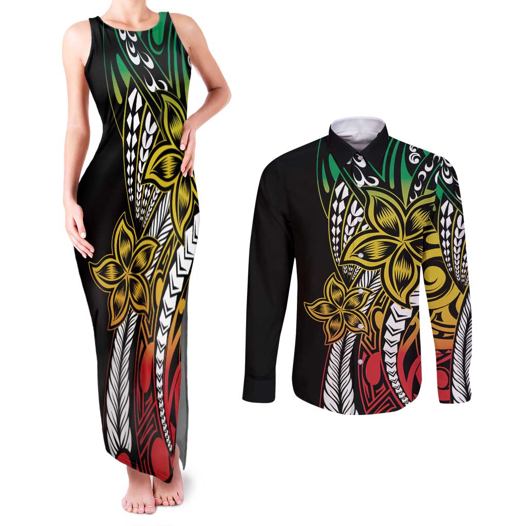 Polynesian Plumeria Floral Tattoo Pattern Couples Matching Tank Maxi Dress and Long Sleeve Button Shirt Reggae Style