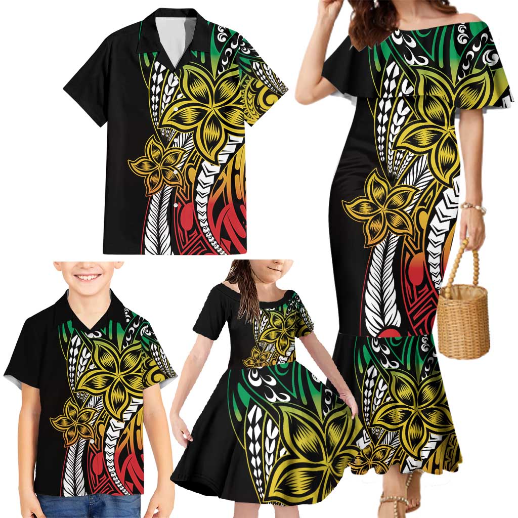 Polynesian Plumeria Floral Tattoo Pattern Family Matching Mermaid Dress and Hawaiian Shirt Reggae Style