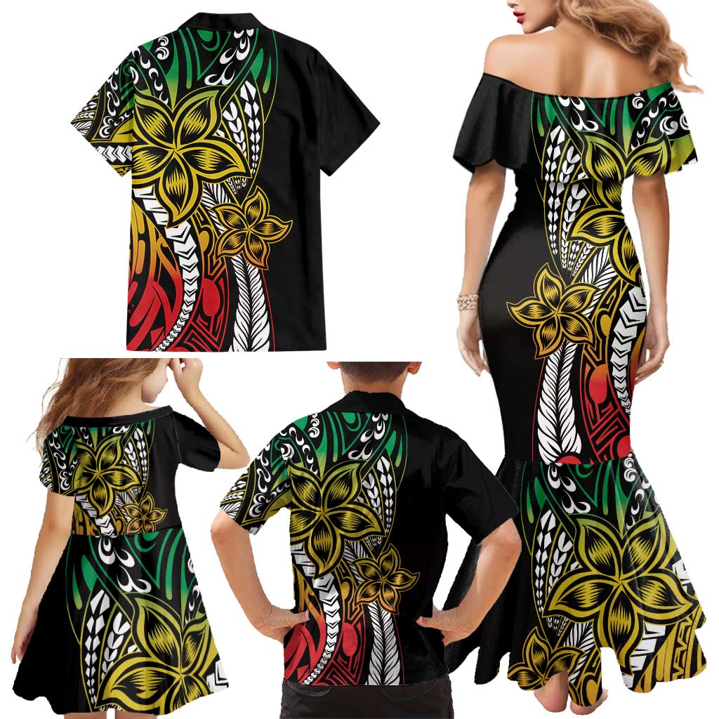 Polynesian Plumeria Floral Tattoo Pattern Family Matching Mermaid Dress and Hawaiian Shirt Reggae Style