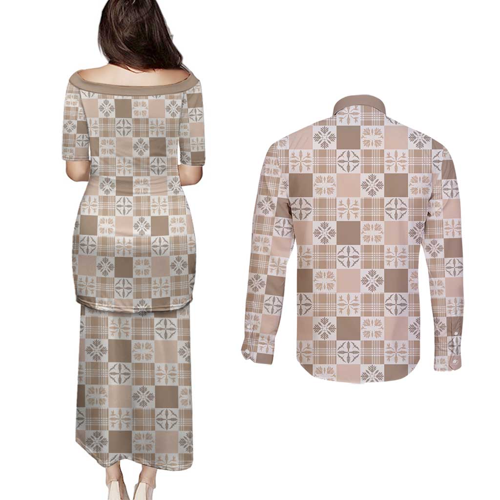 Hawaiian Palaka Quilt Pattern Couples Matching Puletasi and Long Sleeve Button Shirt Hawaii Culture Bird of Paradise Exotic Motif - Polynesian Pride