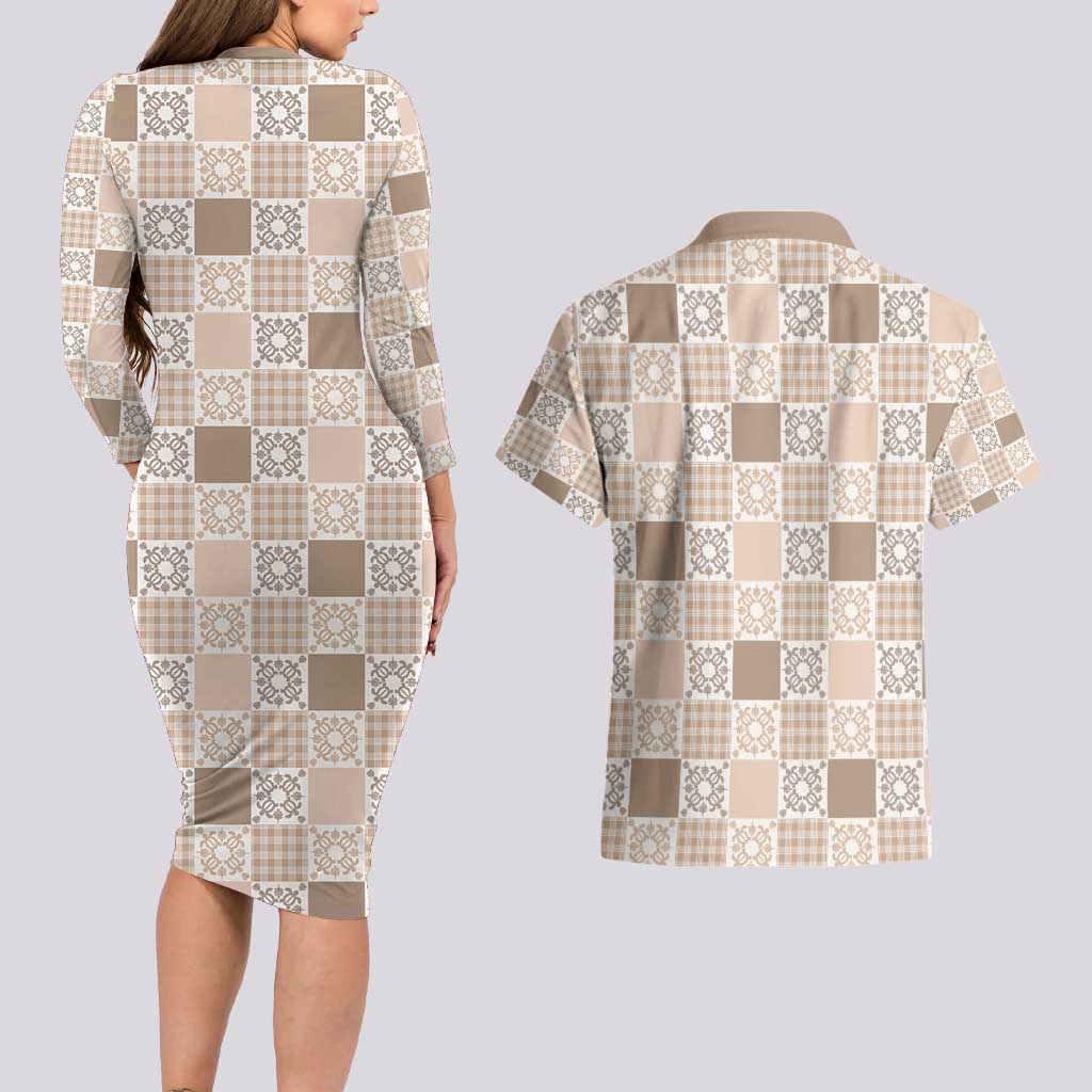 Hawaiian Palaka Quilt Pattern Couples Matching Long Sleeve Bodycon Dress and Hawaiian Shirt Hawaii Culture Honu Turtle - Polynesian Pride
