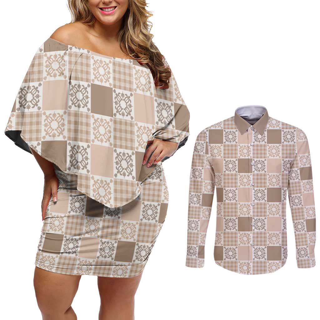 Hawaiian Palaka Quilt Pattern Couples Matching Off Shoulder Short Dress and Long Sleeve Button Shirt Hawaii Culture Honu Turtle - Polynesian Pride