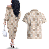Hawaiian Palaka Quilt Pattern Couples Matching Off The Shoulder Long Sleeve Dress and Hawaiian Shirt Hawaii Culture Honu Turtle - Polynesian Pride