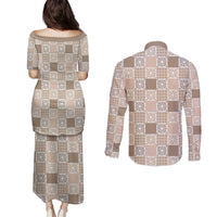 Hawaiian Palaka Quilt Pattern Couples Matching Puletasi and Long Sleeve Button Shirt Hawaii Culture Honu Turtle - Polynesian Pride