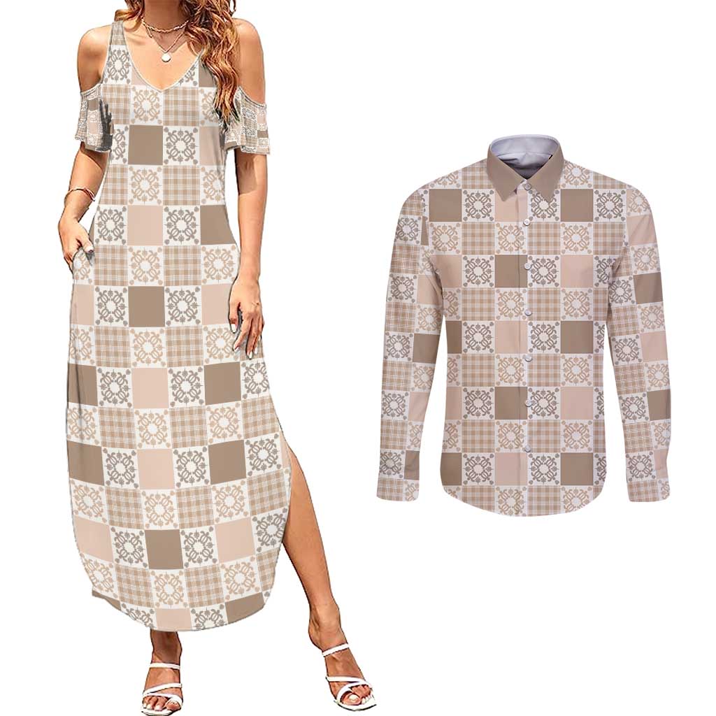 Hawaiian Palaka Quilt Pattern Couples Matching Summer Maxi Dress and Long Sleeve Button Shirt Hawaii Culture Honu Turtle - Polynesian Pride