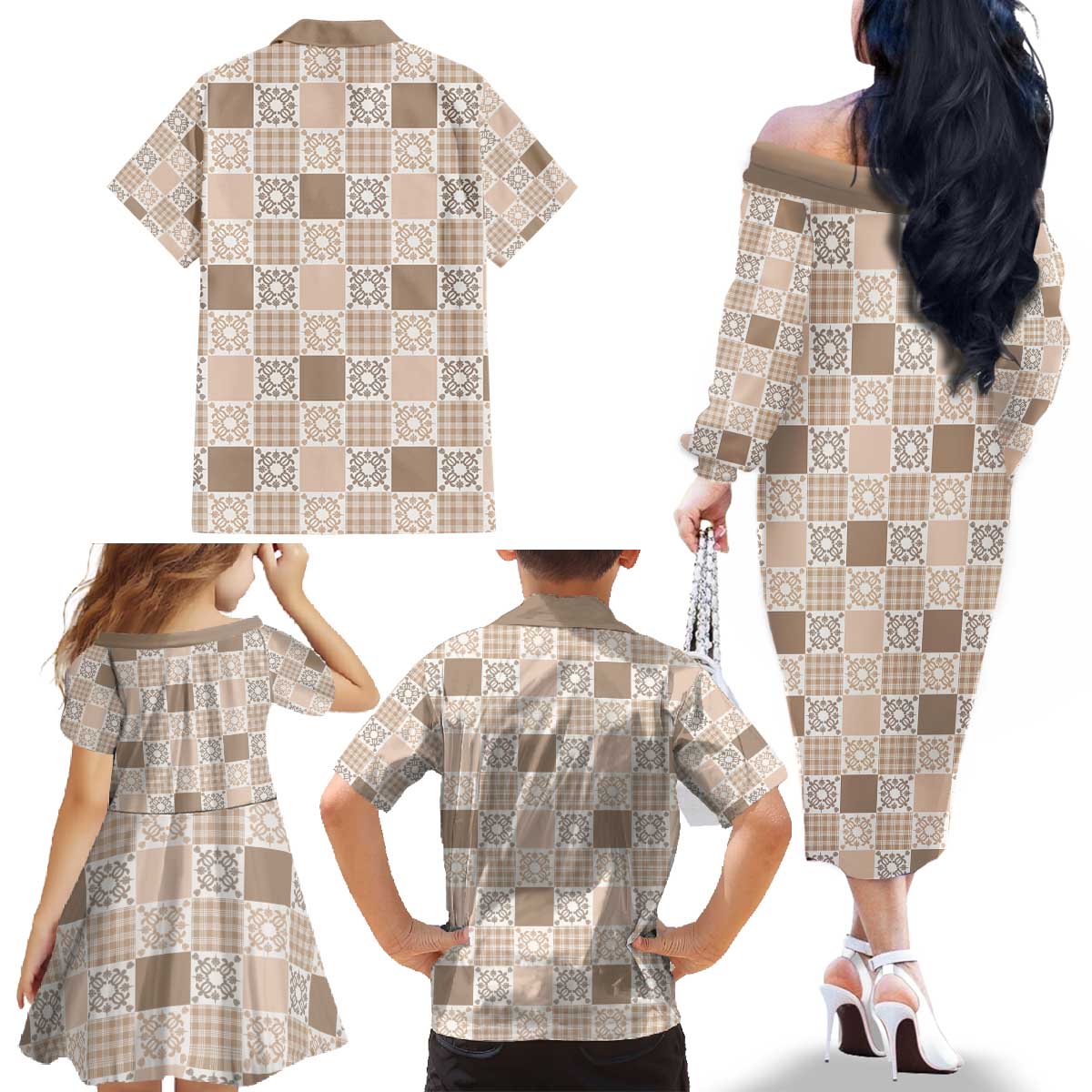 Hawaiian Palaka Quilt Pattern Family Matching Off The Shoulder Long Sleeve Dress and Hawaiian Shirt Hawaii Culture Honu Turtle - Polynesian Pride