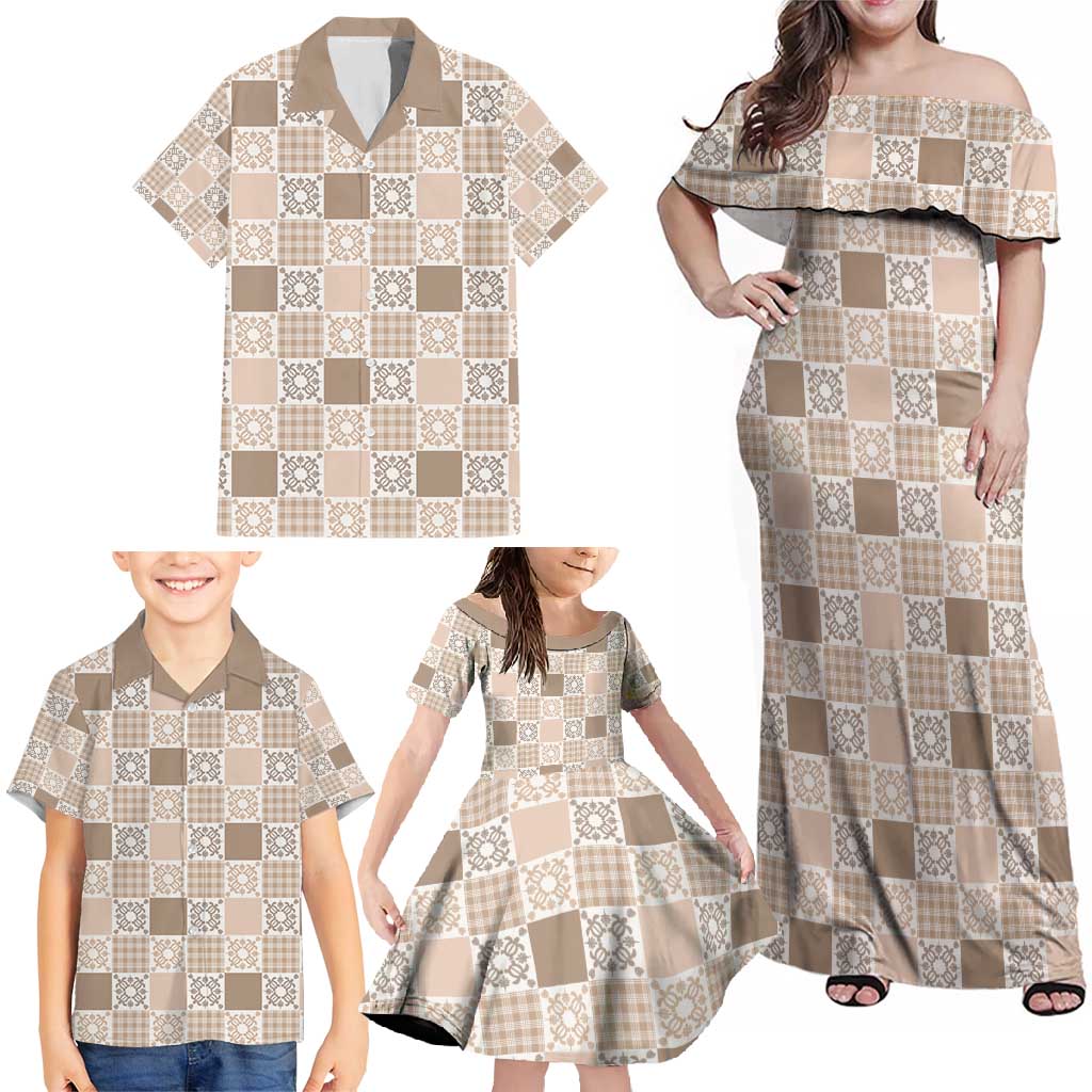 Hawaiian Palaka Quilt Pattern Family Matching Off Shoulder Maxi Dress and Hawaiian Shirt Hawaii Culture Honu Turtle - Polynesian Pride
