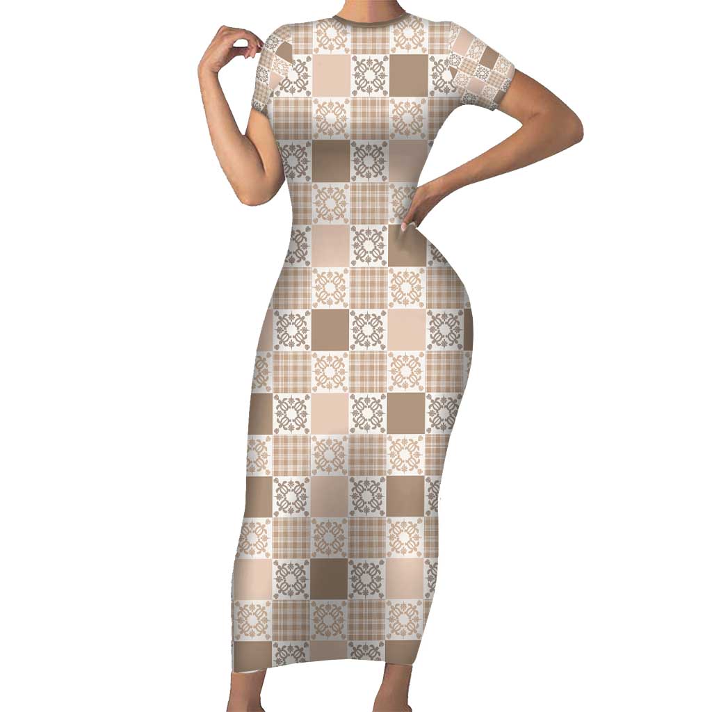 Hawaiian Palaka Quilt Pattern Short Sleeve Bodycon Dress Hawaii Culture Honu Turtle - Polynesian Pride
