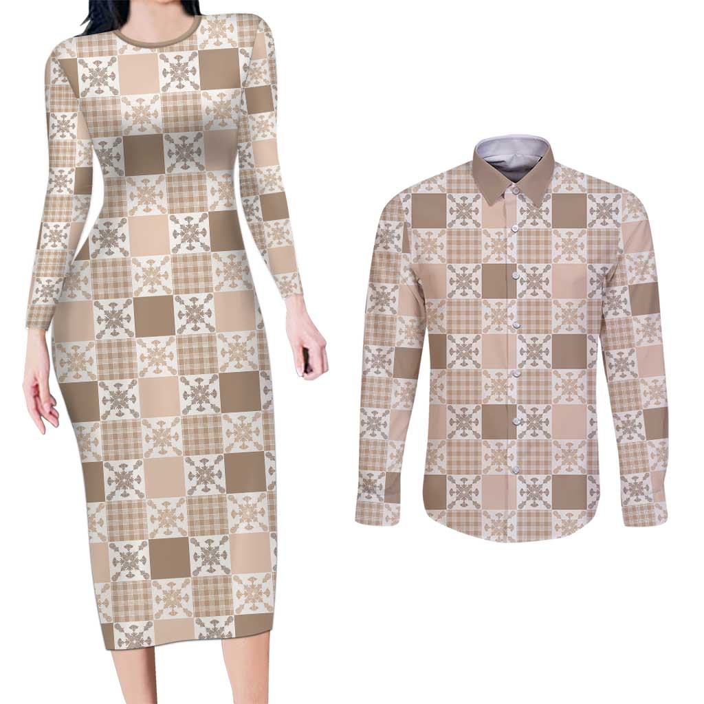 Hawaiian Palaka Quilt Pattern Couples Matching Long Sleeve Bodycon Dress and Long Sleeve Button Shirt Hawaii Culture Pineapple - Polynesian Pride