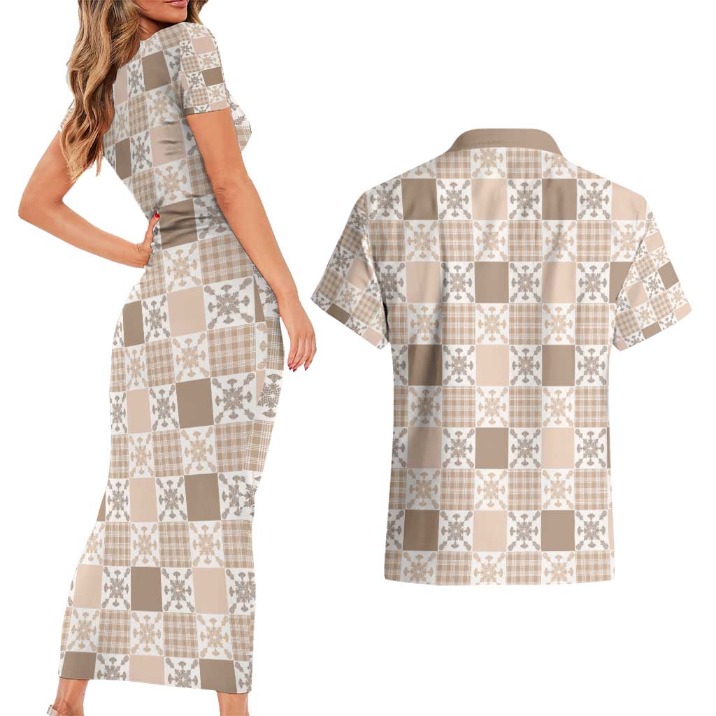Hawaiian Palaka Quilt Pattern Couples Matching Short Sleeve Bodycon Dress and Hawaiian Shirt Hawaii Culture Pineapple - Polynesian Pride