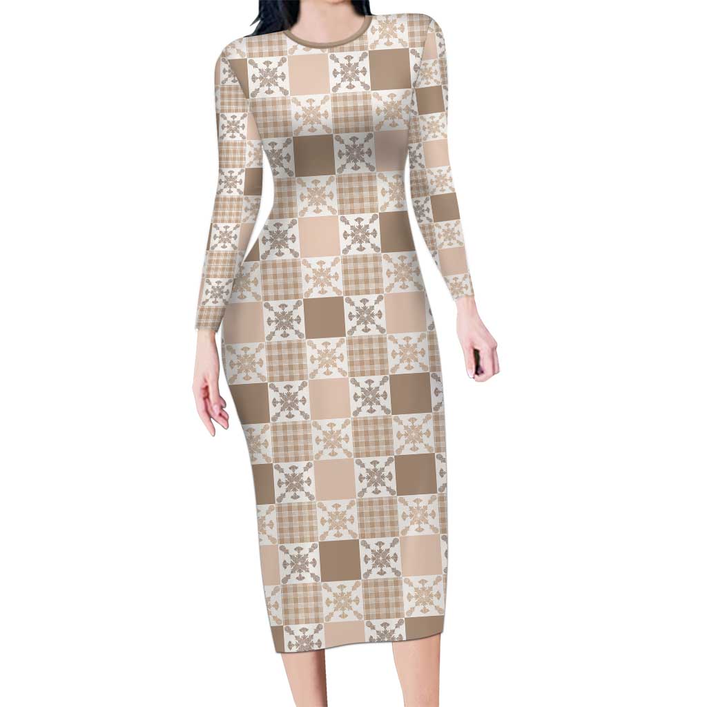 Hawaiian Palaka Quilt Pattern Long Sleeve Bodycon Dress Hawaii Culture Pineapple - Polynesian Pride