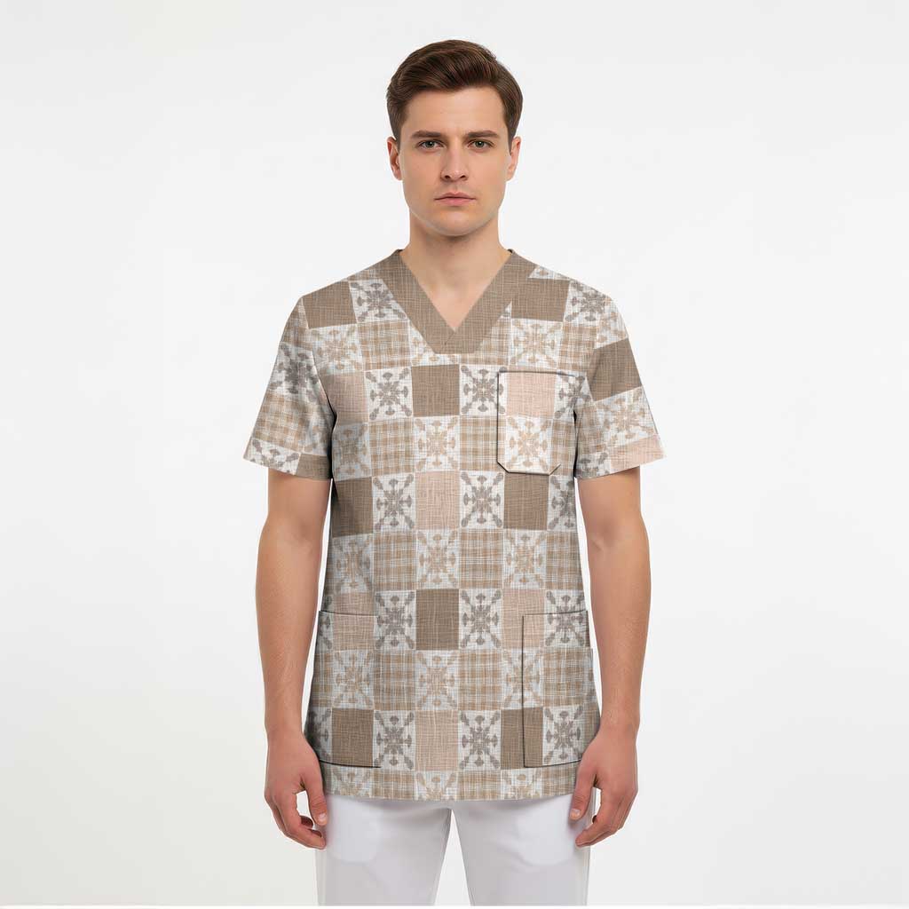 Hawaiian Palaka Quilt Pattern Scrub Top Hawaii Culture Pineapple - Polynesian Pride