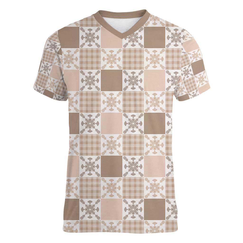 Hawaiian Palaka Quilt Pattern Women V-Neck T-Shirt Hawaii Culture Pineapple - Polynesian Pride