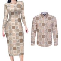 Hawaiian Palaka Quilt Pattern Couples Matching Long Sleeve Bodycon Dress and Long Sleeve Button Shirt Hawaii Culture Tropical Flowers Mix - Polynesian Pride