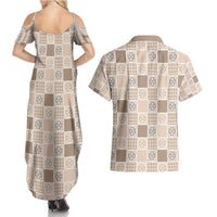 Hawaiian Palaka Quilt Pattern Couples Matching Summer Maxi Dress and Hawaiian Shirt Hawaii Culture Tropical Flowers Mix - Polynesian Pride