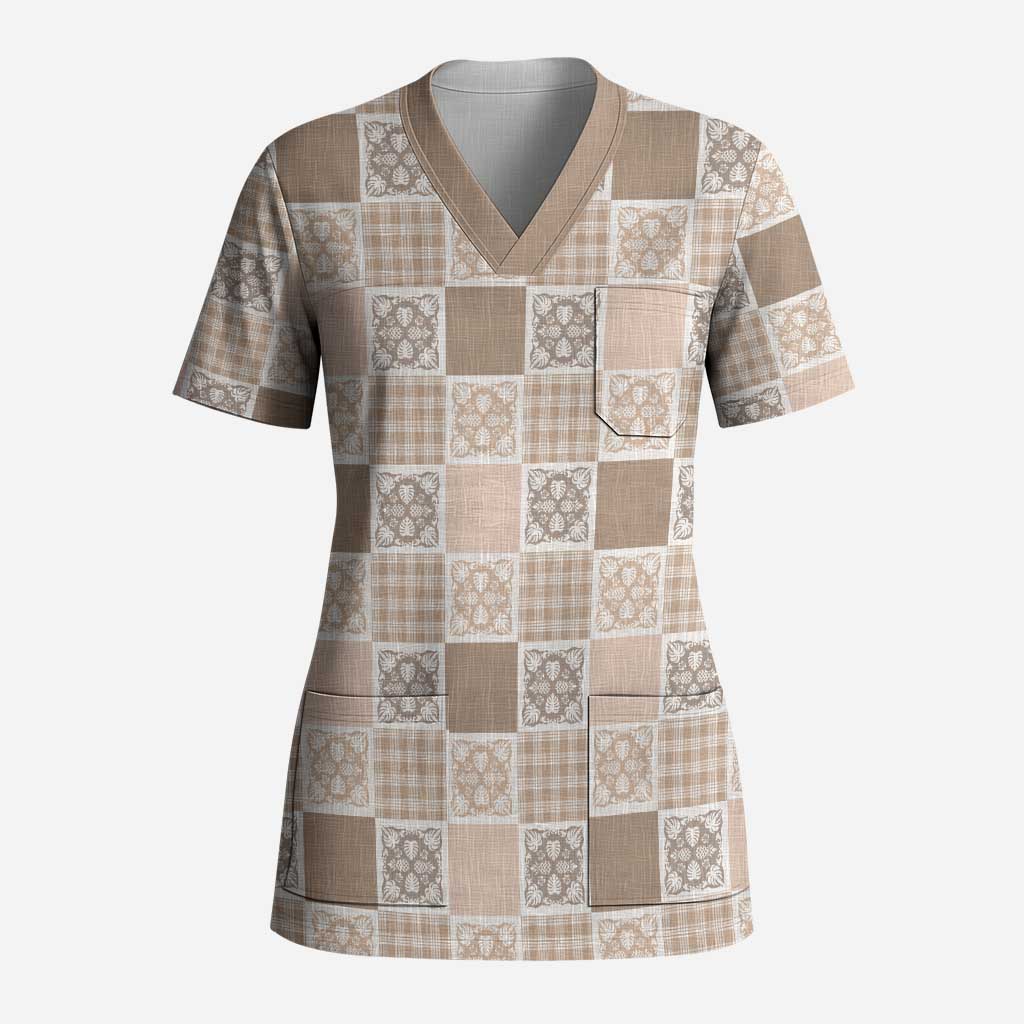 Hawaiian Palaka Quilt Pattern Scrub Top Hawaii Culture Tropical Flowers Mix - Polynesian Pride