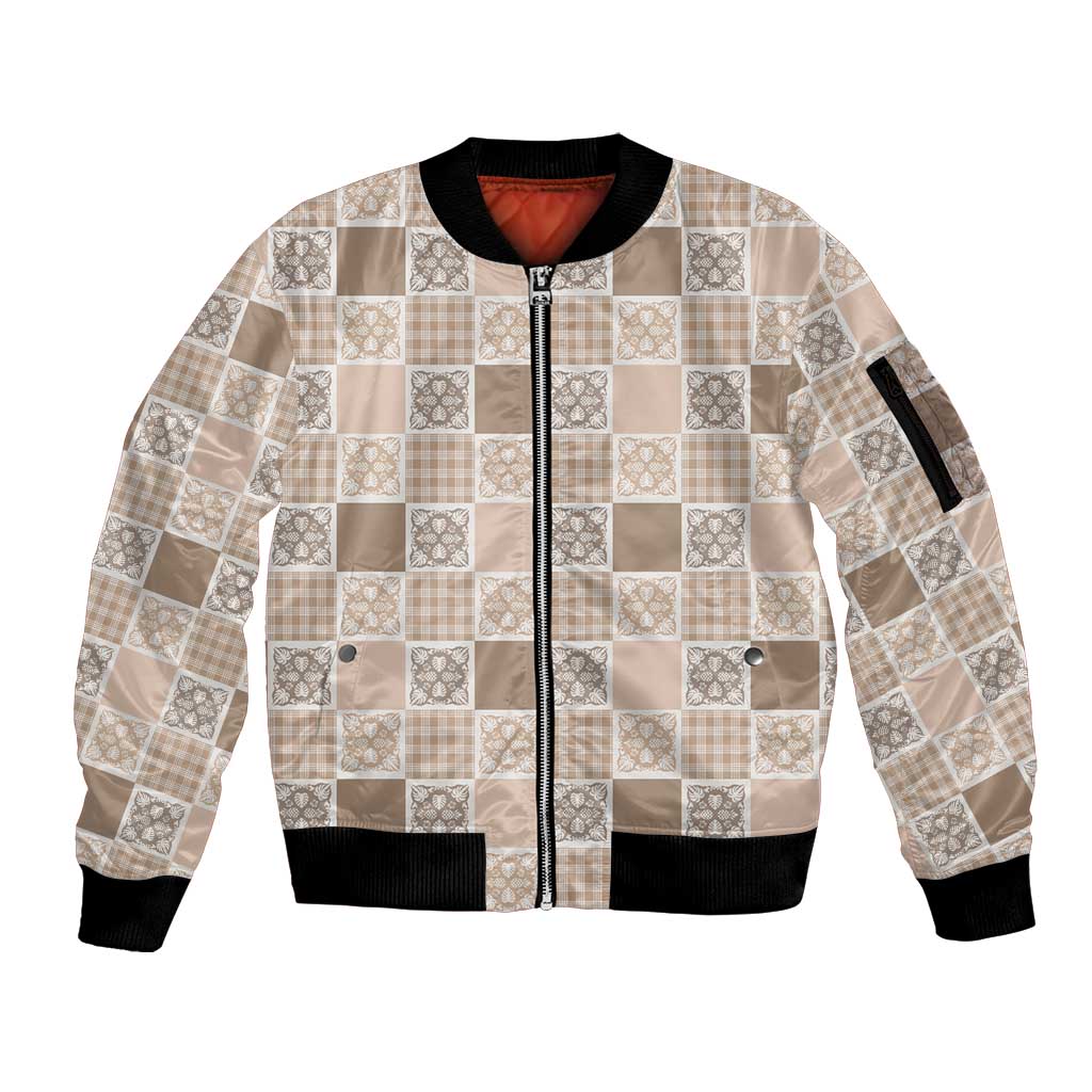 Hawaiian Palaka Quilt Pattern Sleeve Zip Bomber Jacket Hawaii Culture Tropical Flowers Mix - Polynesian Pride