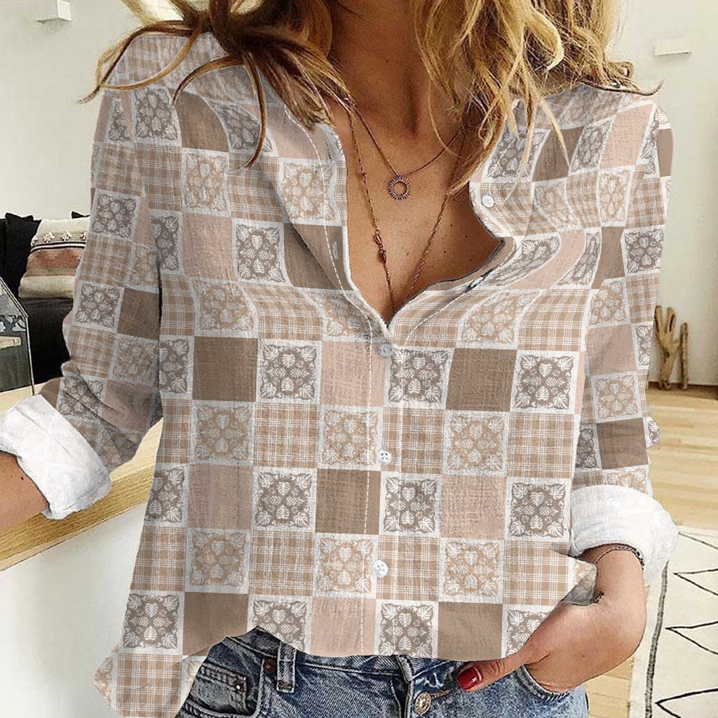 Hawaiian Palaka Quilt Pattern Women Casual Shirt Hawaii Culture Tropical Flowers Mix - Polynesian Pride