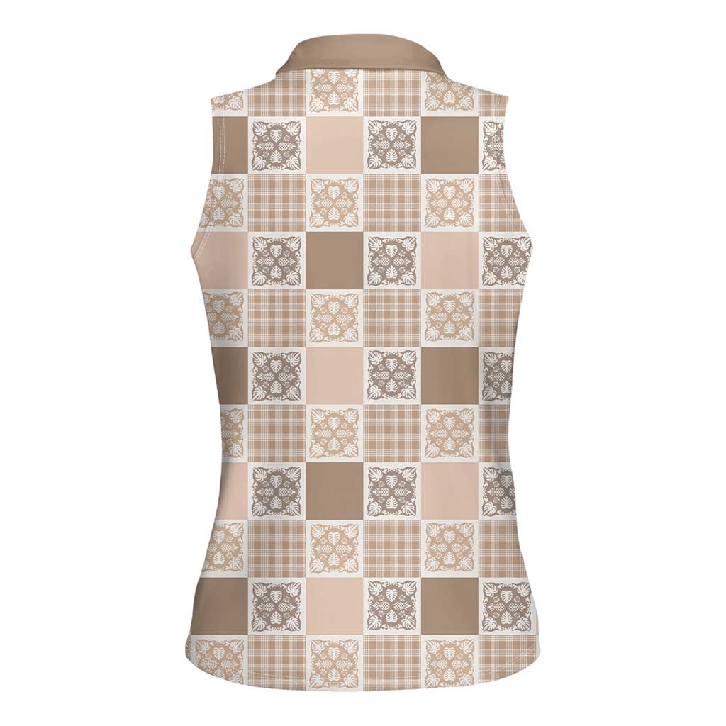 Hawaiian Palaka Quilt Pattern Women Sleeveless Polo Shirt Hawaii Culture Tropical Flowers Mix - Polynesian Pride