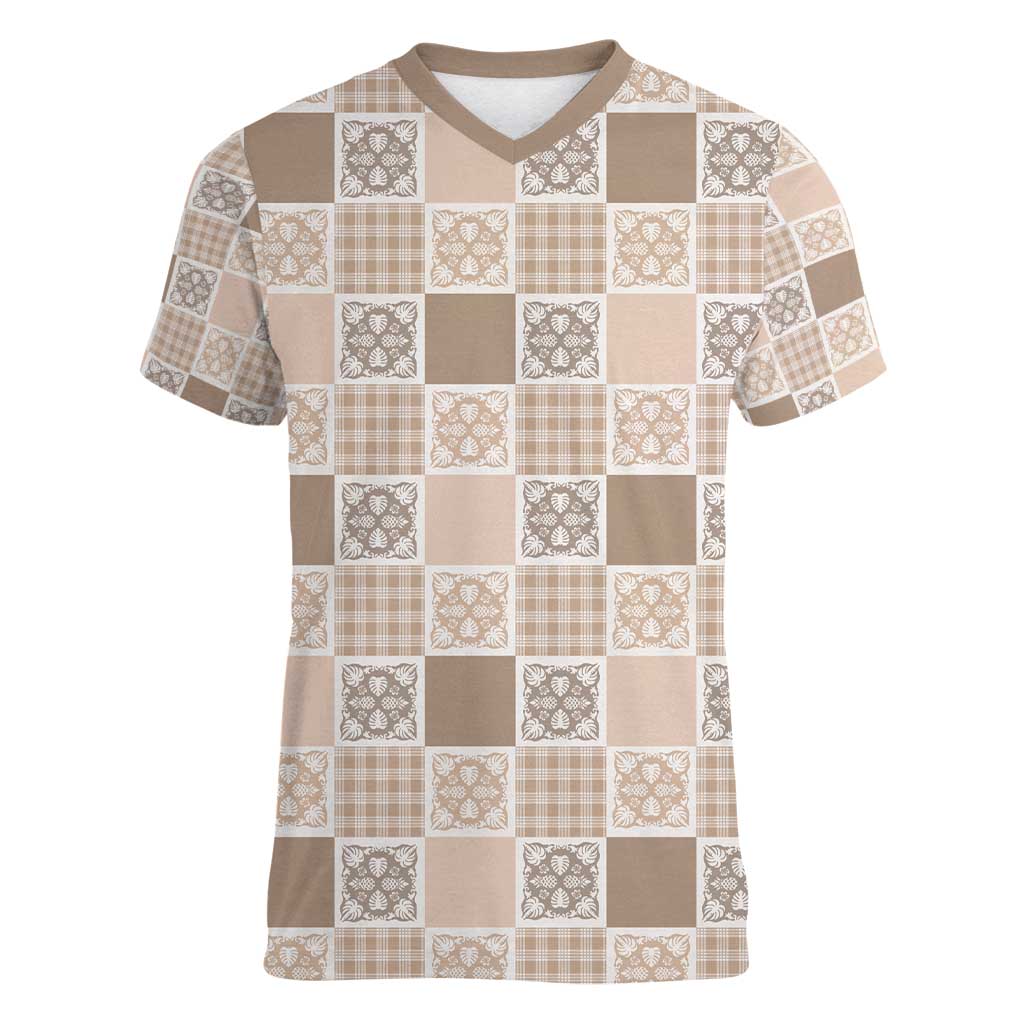 Hawaiian Palaka Quilt Pattern Women V-Neck T-Shirt Hawaii Culture Tropical Flowers Mix - Polynesian Pride