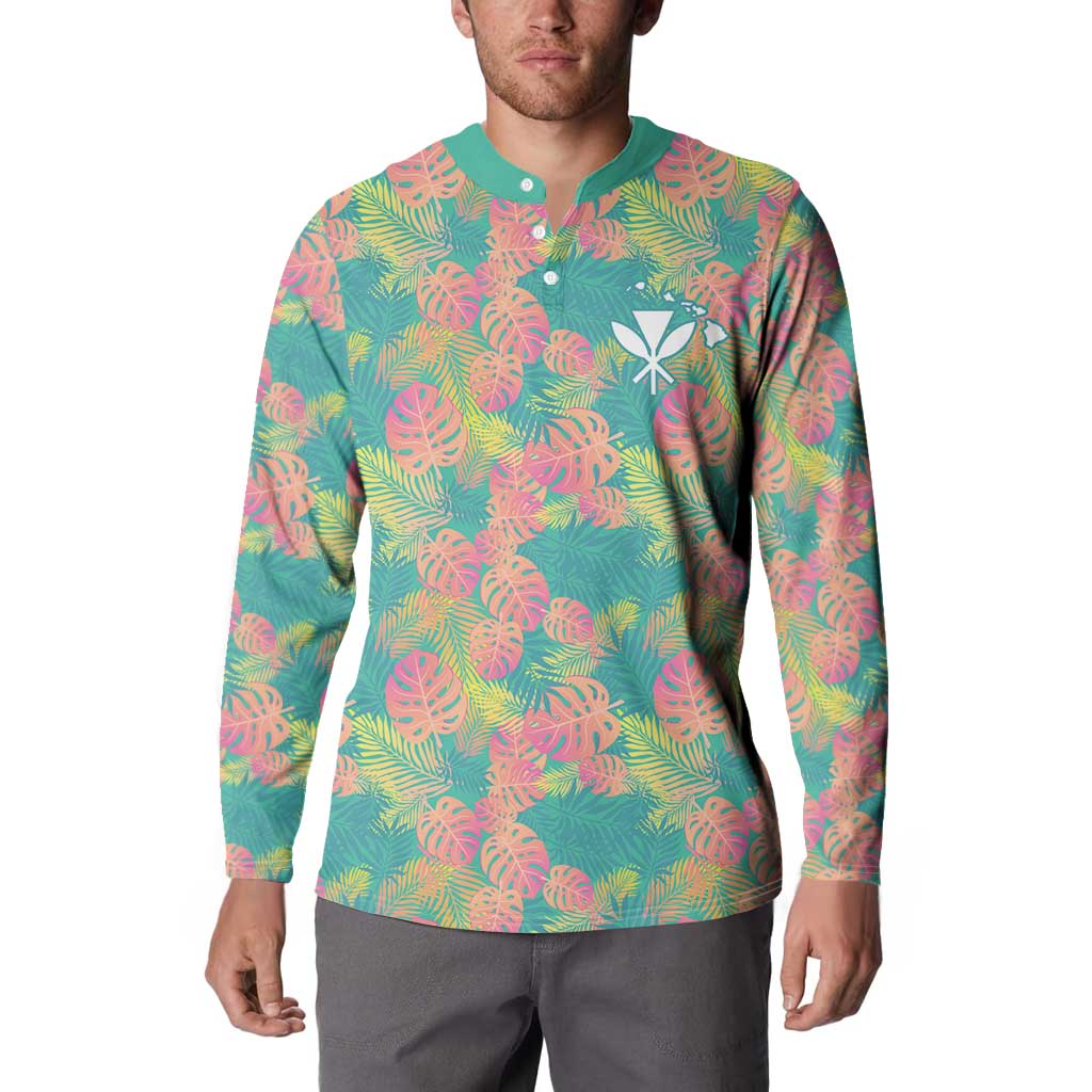 Seamless Hawaiian Quilt Pattern Button Sweatshirt Hawaii Culture Palm Leaf Tropical - Polynesian Pride