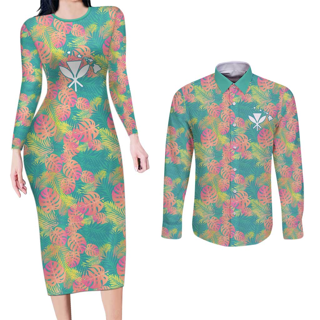 Seamless Hawaiian Quilt Pattern Couples Matching Long Sleeve Bodycon Dress and Long Sleeve Button Shirt Hawaii Culture Palm Leaf Tropical - Polynesian Pride